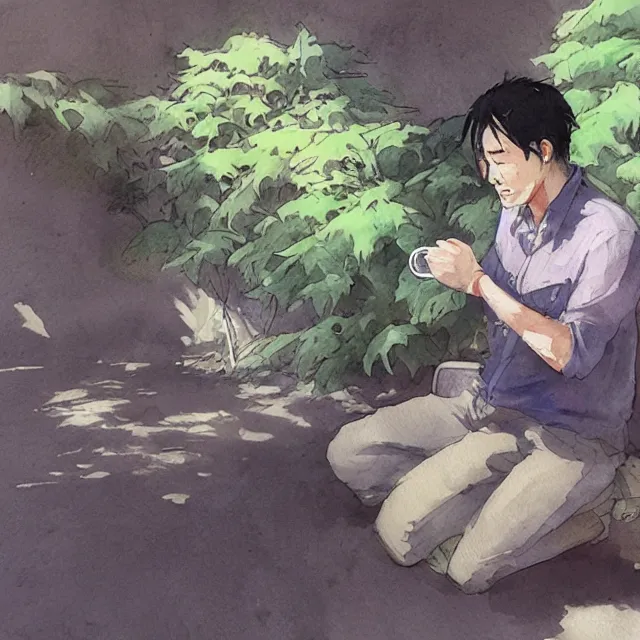 Image similar to ryuichi tanaka drinking coffee in the garden. watercolor by the award - winning concept artist