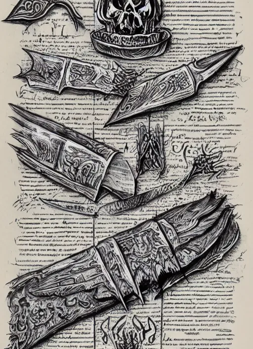 Prompt: a full page scan of handwritten evil spells, illustrated, intricate writing, knives made of human bones, satanic, evil, grimoire page, necronomicon style