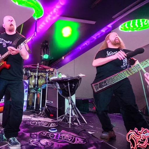 Image similar to the band meshuggah performing at chuck e. cheese, 8 k, high definition, highly detailed, photo - realistic