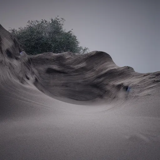 Prompt: Gentle rolling sand dunes, cave entrance, abandoned mineshaft, old wood, grey jagged rock, 4K, high detail, Fallen trees, darkness, water, cloudless sky, smoke rising in background, 8k ultra realistic, photography, high contrast, large field of view, colourful, shadows, octane render,