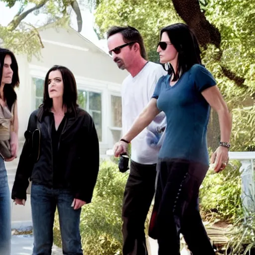 Prompt: high quality movie still of skinny actress Neve Campbell, actor David Arquette and actress Courteney Cox in Scream 5 (2013)