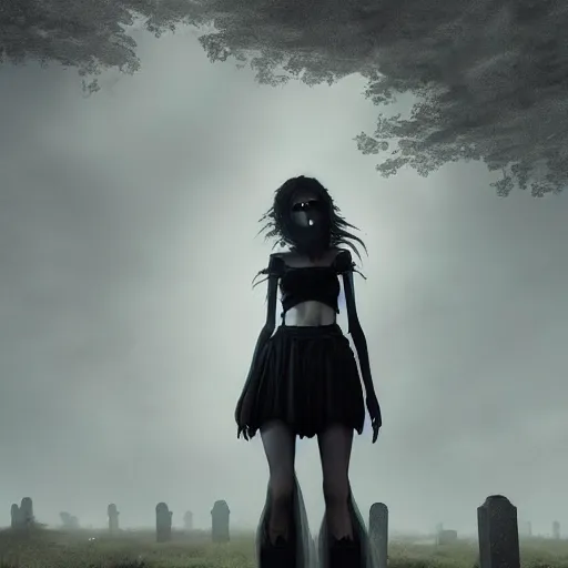 Image similar to kerli koiv the craft mini skirt crop top standing in cemetery, gothic, darkwave, darksynth, concept art, sharp, digital matte painting, art by greg rutkowski, wlop, dramatic lighting, trending on artstation