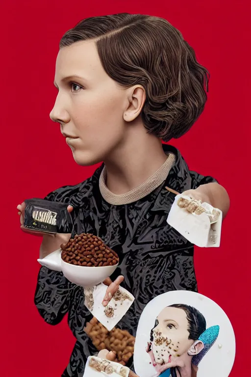 Image similar to millie bobby brown made out of beans, portrait photography