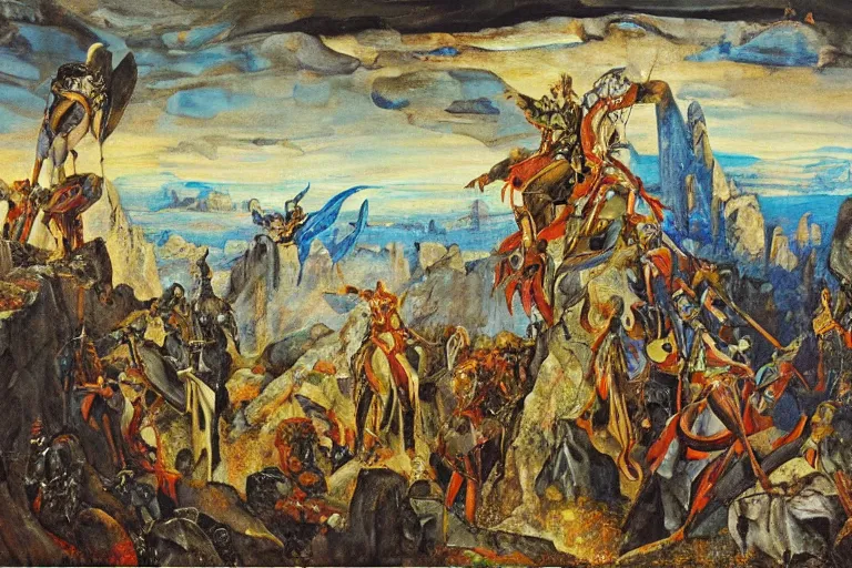 Image similar to a beautiful painting of a rocky landscape covered with bodies of medieval soldiers in shiny armors, dawn, by Georgia o keeffe, by Gustave Moreau