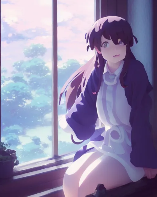 Image similar to a cute stylized thicc ghost, sitting on a windowsill of an old house, dramtic lighting, calming ， by makoto shinkai an krenz cushart