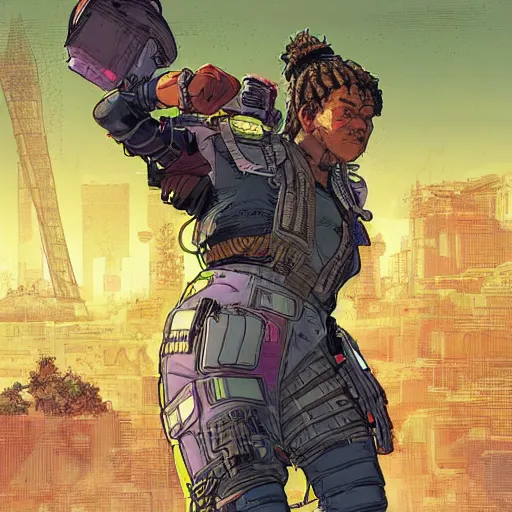 Prompt: Hector. Apex legends nimble cyberpunk kickboxer. Concept art by James Gurney and Mœbius.