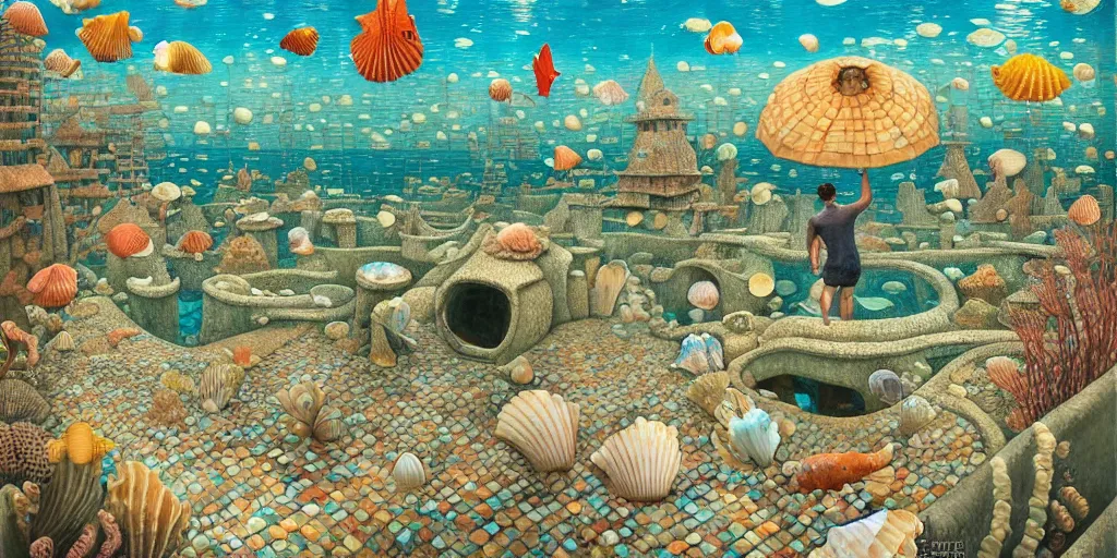 Image similar to man in the swimming suit walks down the street in the underwater city inside!! the seashell, seaweed, corals, carps, koi fish, small scandinavian!!! houses!!!, by jacek yerka by levitan, surrealistic painting, masterpiece, oil painting, sharp focus, highly detailed, intricate, smooth, 8 k,