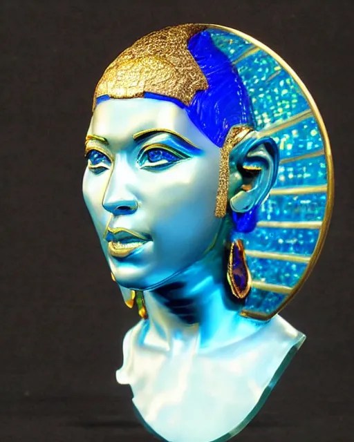 Prompt: intricate holographic realistic bust sculpture of futuristic digital obese angry egyptian beautiful girl empress, stone and glass and gold and lapislazuli, masterpiece