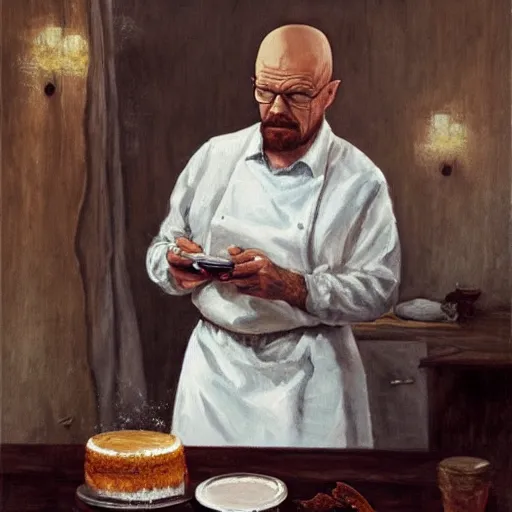 Image similar to Walter white baking cake in a wedding dress oil on canvas