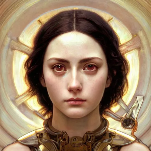 Image similar to Masterpiece head and shoulder portrait of battle angel Alita drawn by Donato Giancola and Tom Bagshaw, face by Artgerm and Edmund Leighton, Alphonse Mucha, background by James Jean and Gustav Klimt, 4k, porcelain skin, komorebi, french nouveau, trending on pixiv, octane render, hyperrealistic