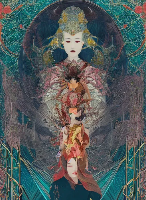 Image similar to portrait full three kingdom breathtaking detailed concept art painting art deco pattern of birds goddesses amalmation flowers head thibetan temple, by hsiao ron cheng, tetsuya ichida, bizarre compositions, tsutomu nihei, exquisite detail, extremely moody lighting, 8 k, art nouveau, old chines painting, art nouveau