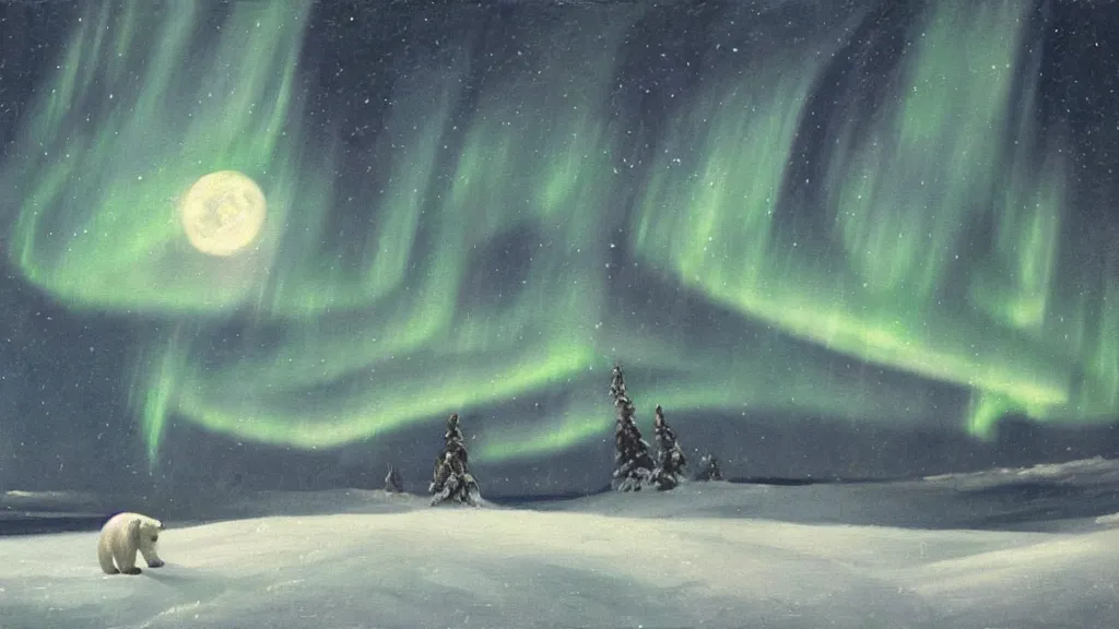 Prompt: an oil painting of a polar bear traversing a snowy landscape at night, the northern lights and the moon are visible