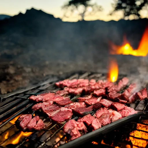 Image similar to bbq party inside of an active volcano, meat, lava, party, at golden hour, bokeh, 3 2 megapixel