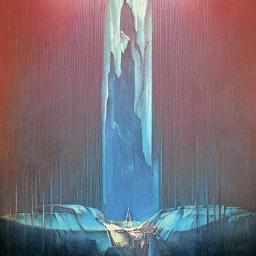 Prompt: black art deco arcology thrust like a spear into the heart of an enormous glacier with blue light glowing from within and waterfalls of rusty fluid running down from the balconies, famous 1970s science fiction book cover by Rembrandt and Beksinski