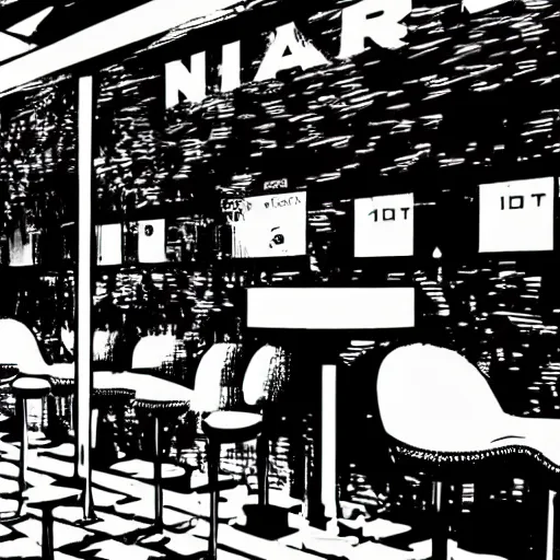 Image similar to noir bar scene, smoky, psychedelic, minimalist, frank miller style