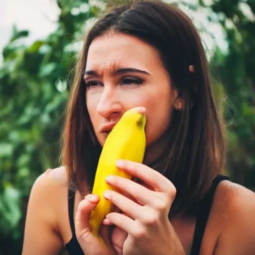 Prompt: close up photography of a woman that is about to bite into a banana, profile, close camera