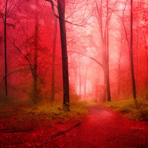 Image similar to a red energy flowing through a forest turning everything it touches into red, cinematic, real, 4k, art station, render, moody, red, glow