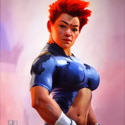 Image similar to greg manchess portrait of weightlifter zarya from overwatch, medium shot, asymmetrical, profile picture, organic painting, sunny day, matte painting, bold shapes, hard edges, street art, trending on artstation, by huang guangjian and gil elvgren and sachin teng