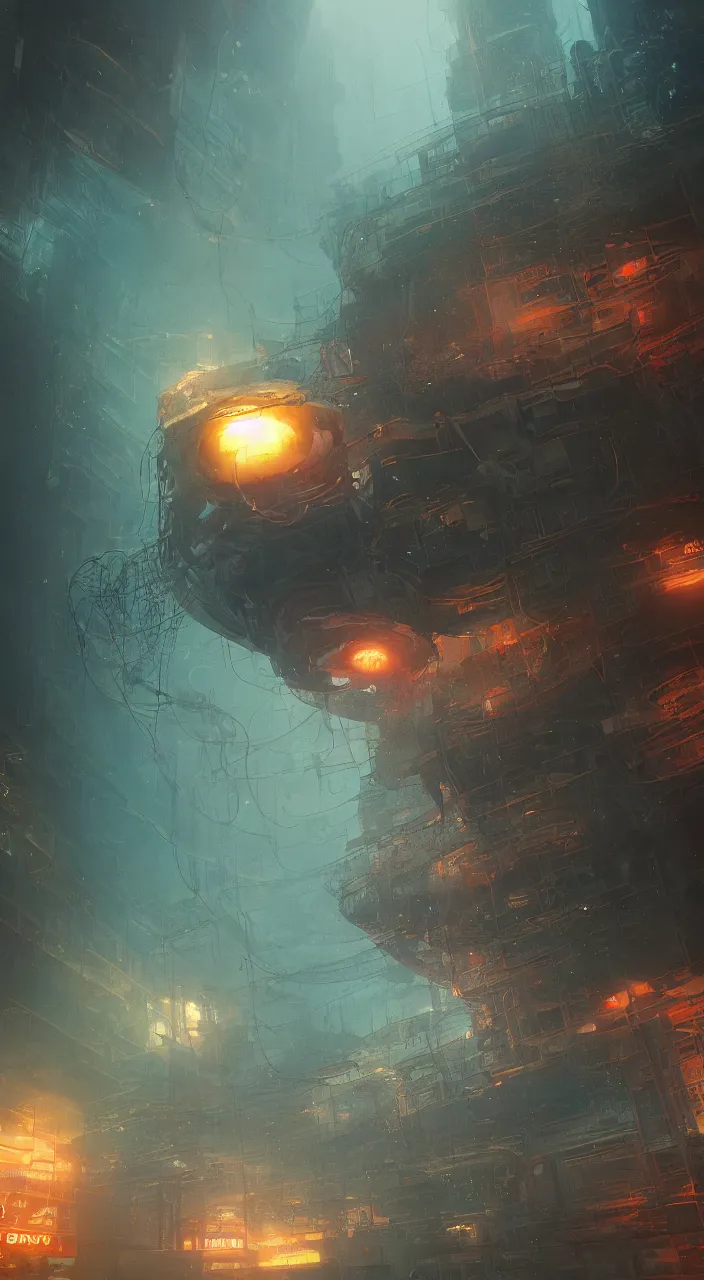 Prompt: underwater building that resembles cyberpunk man o war jellyfish, james gurney, thomas kinkade, cinematic lighting, artstation, vibrant nature, tuomas korpi, tekkon kinreet, volumetric light, artstation, octane render, redshift render, low angle camera, rich deep moody colors