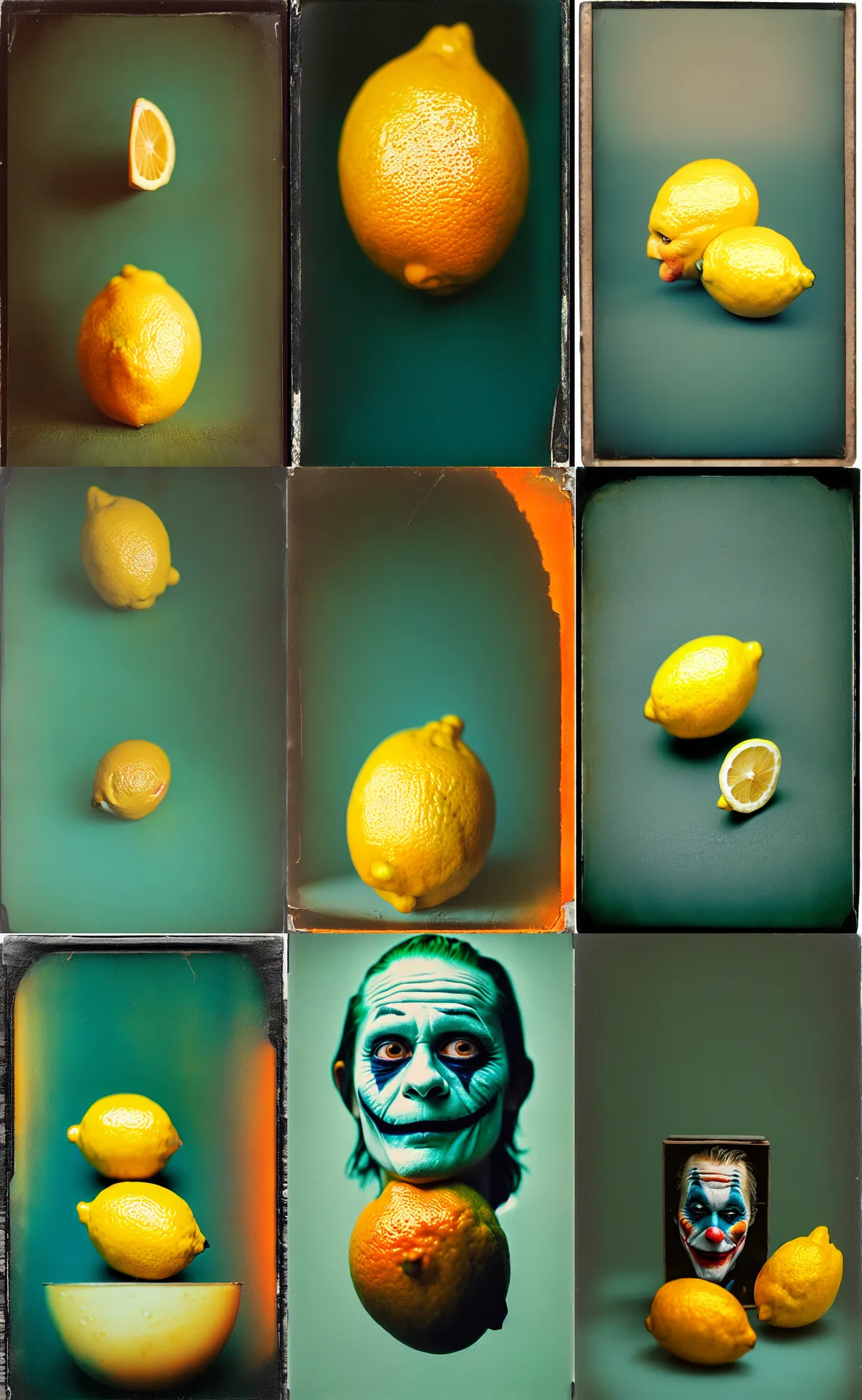 Image similar to kodak portra 4 0 0, wetplate, 8 k, shot of a highly detailed, britt marling style, colour still - life portrait of a lemon looks like 1 9 9 9 joker, teal and orange, muted coloures