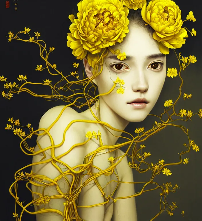 Prompt: beautiful yellow woman, symmetrical portrait, realistic, black peonies, tangled vines, rich details, by wlop and amano yoshitaka