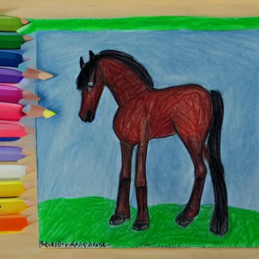 Prompt: child's drawing of a 3 - legged horse and the horse's tail is rainbow