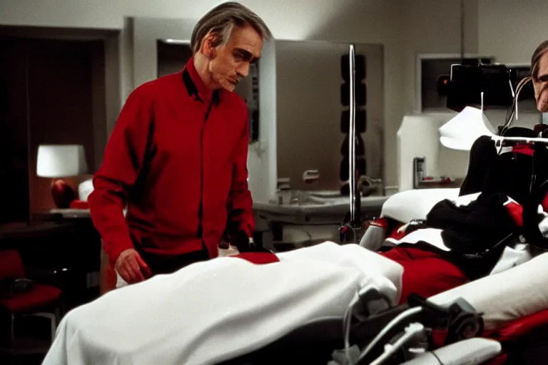 Prompt: a scene from the movie dead ringers with clean shaven jeremy irons, dark cinematic lighting, heavy black and red palette and color contrast, medical equipment, movie directed by wes craven