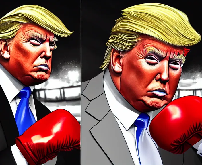 Image similar to hyper detailed ultra sharp full body character portrait of donald trump in a boxing match with joe biden, cinematic lighting, good value control, league of legends splash art, photorealistic eyes, smooth, realistic shading, enhance face, painted texture maps,