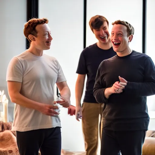 Image similar to elon musk & mark zuckerberg giggling while attending a private pajama party for celebrities only. cinematic 8 k, depth of field, bokeh.