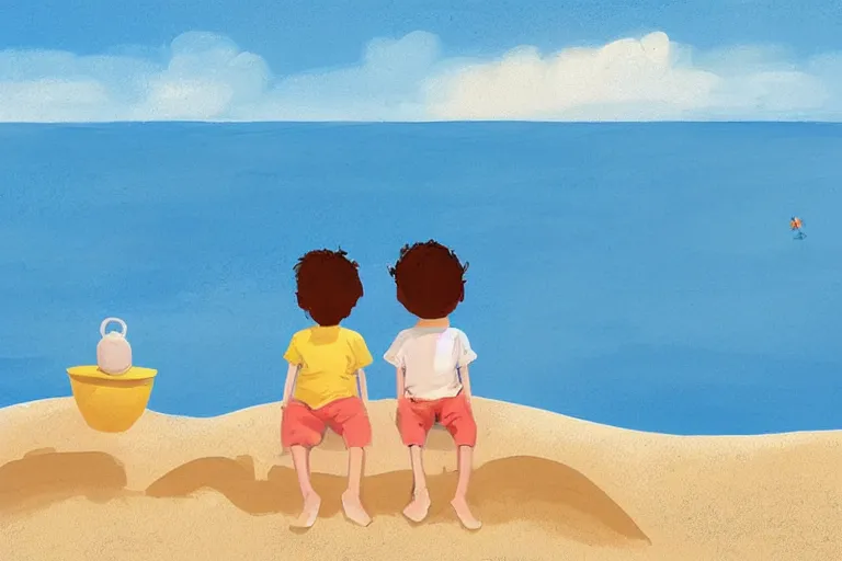 Prompt: Two children sitting on the beach making sandcastles, blue sky, muted colors, artstation, children's book, HD, by Benji Davies