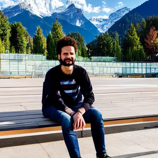 Prompt: digital painting of a software developer sitting outside in front of a modern campus building with beautiful mountains in the background, summer, alps, 4k, unreal, digital health, award winning, digital nomad, outdoor, solarpunk