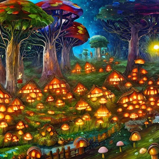 Image similar to forest village with mushroom houses, glowing fungi, art by james christensen, rob gonsalves, paul lehr, leonid afremov and tim white