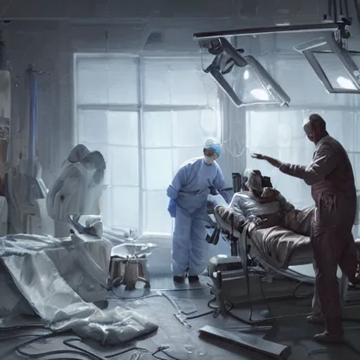 Image similar to A surgeon desperately trying to save his patient, oil painting by Cedric Peyravernay, highly detailed, cinematic concept art, dramatic lighting