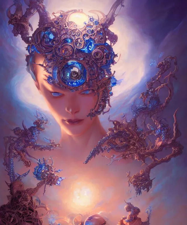 Image similar to beautiful evil fantasy blue crystal flower portrait, ultra realistic, sunset, wide angle, intricate details, the fifth element artifacts, highly detailed by peter mohrbacher, hajime sorayama, wayne barlowe, boris vallejo, aaron horkey, gaston bussiere, craig mullins
