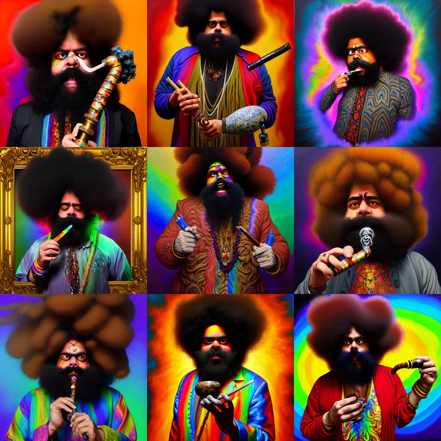 Prompt: an intricate oil painting of a manic reggie watts dressed as an ancient warrior smoking a pipe in the style of junji ito and dark fantasy, ornate, psychedelic, rainbow color scheme, detailed, cinematic, diffuse lighting, magic realism, artstationhq, unreal engine 5, volumetric light