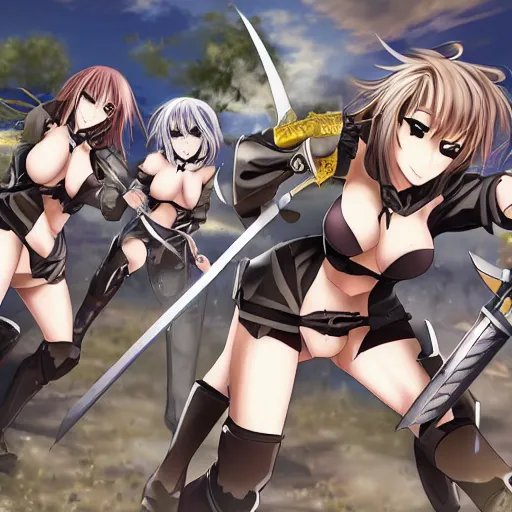 Image similar to anime women in knight armor fighting with swords on aa battlefield