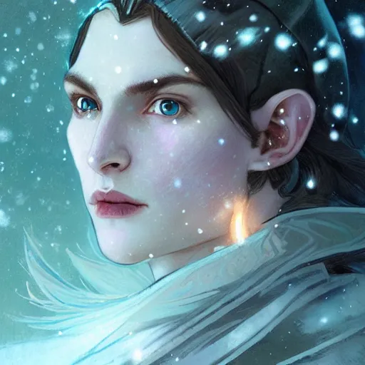 Prompt: handsome pointy - eared male snow elf in a turquoise cape and silver ornate armour, albino skin, androgynous face, mid - shot, moonlight snowing, ethereal opalescent mist, winter vibes, perfect face, elegant, very coherent symmetrical artwork, by greg rutkowski, alphonse mucha, charlie bowater, trending on artstation