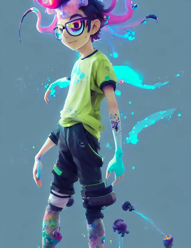 Prompt: a beautiful portrait of a cute splatoon anime boy wearing sport clothing and leggings under shorts barefoot. character design by cory loftis, fenghua zhong, ryohei hase, ismail inceoglu and ruan jia. artstation, volumetric light, detailed, photorealistic, fantasy, rendered in octane