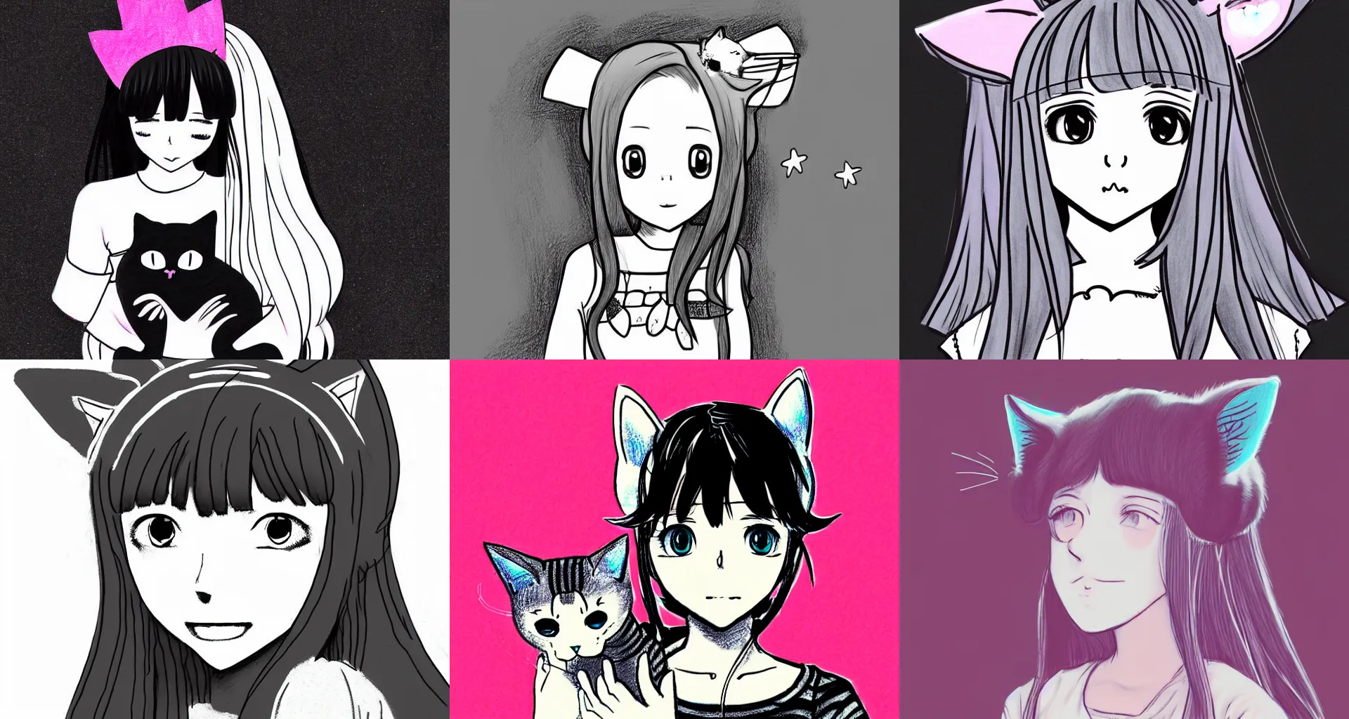 Prompt: a drawing of a girl with a cat on her head, a manga drawing by noami, featured on pixiv, digital art, anime aesthetic, anaglyph effect, official art