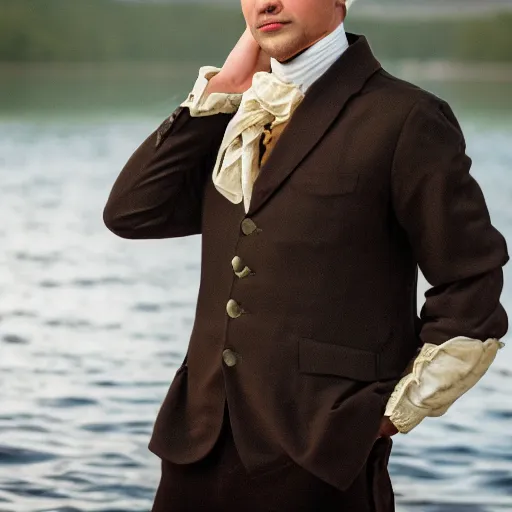 Prompt: modern day alexander hamilton closeup portrait, dramatic light, lake background, 2 0 0 mm focal length, aperture, iso, photograph, flicker, 8 k