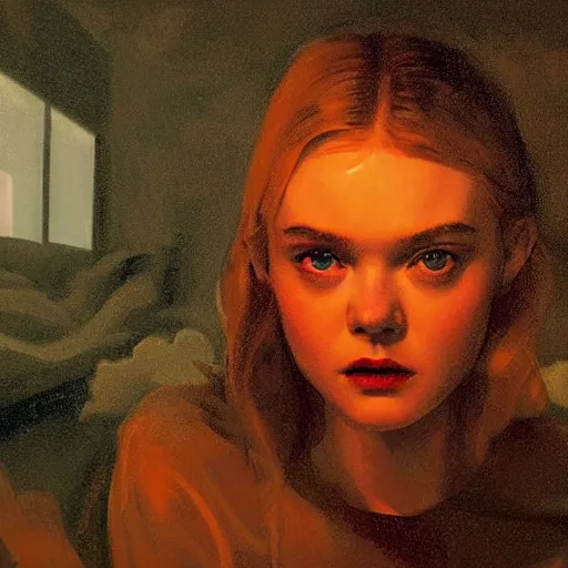 Prompt: Elle Fanning in hell at night in the world of Edward Hopper, stormy snowy weather, streetlights, extremely detailed masterpiece, oil on canvas, low-key neon lighting, artstation, Blade Runner 2049, Roger Deakin’s cinematography, by J. C. Leyendecker and Peter Paul Rubens,