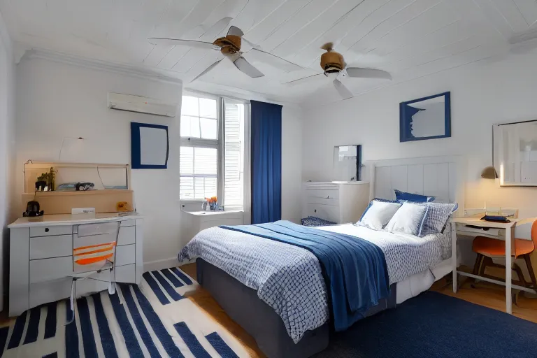 Prompt: a 10 by 11 foot old bed room with blue grey criss cross patterned walls, white ceiling, navy blue carpet, a small bed, desk, two wooden wardrobes, an old TV, and a ceiling fan gives off a dim orange light at night time