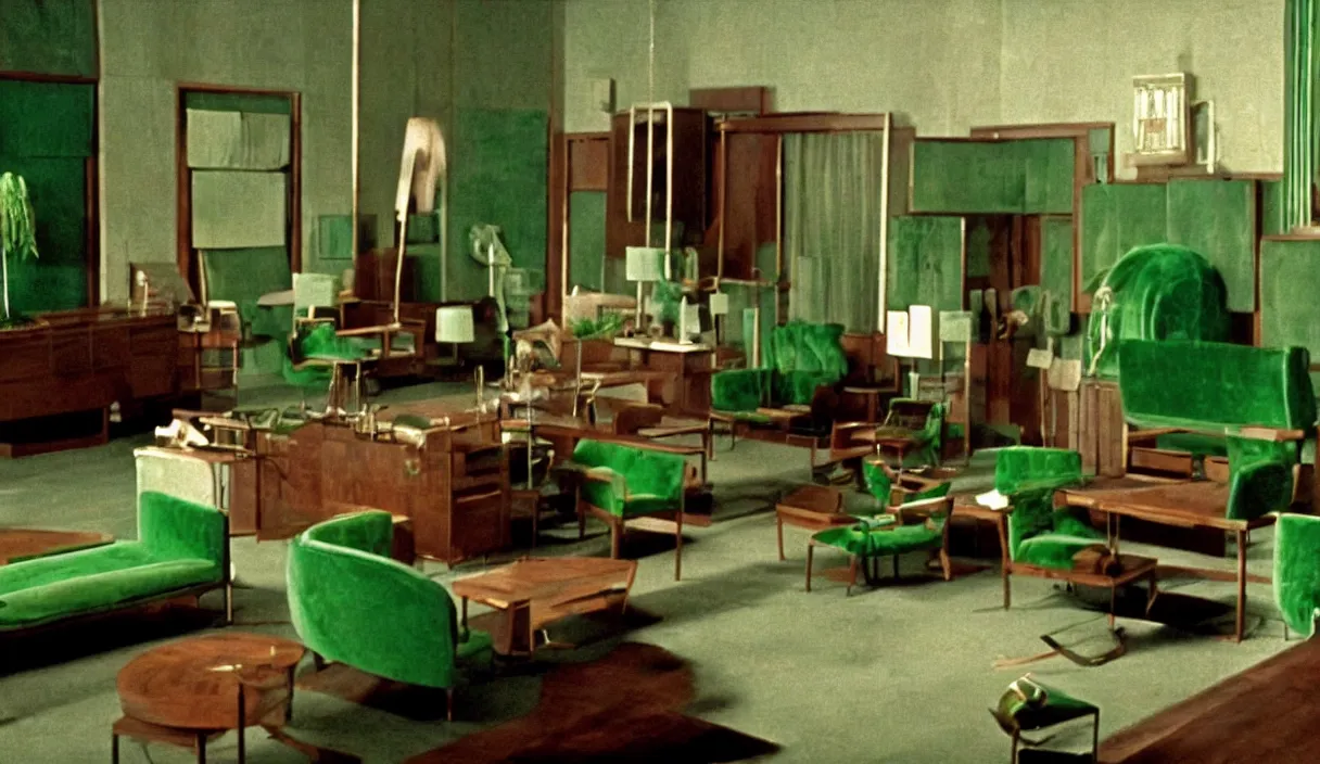 Prompt: a still of severance series indoor 7 0 s green velvet and wood with metal furniture office scenario appearing in a film of jodorowsky, in movie holy mountain ( 1 9 7 3 )