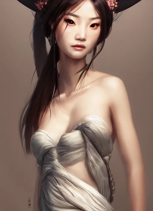 Prompt: beautiful fashion girl in ancient china, strapless dress, character portrait in the style of thomas river and artgerm, wlop, cinematic lighting, hyperdetailed, 8 k realistic, symmetrical, global illumination, radiant light, halo, love and mercy, frostbite 3 engine, cryengine, dof, trending on artstation, digital art, chanel