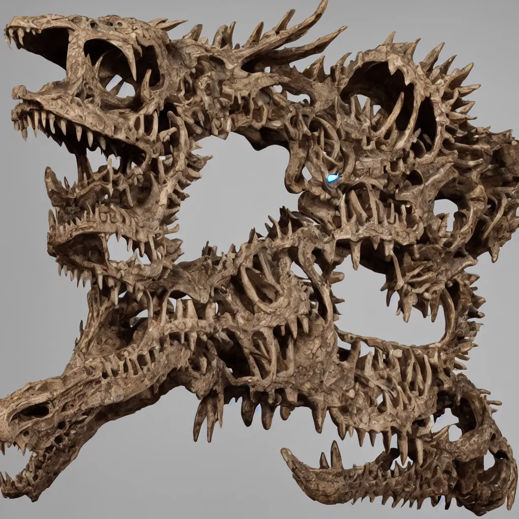 Prompt: a fossilized Chinese dragon skeleton, museum photo