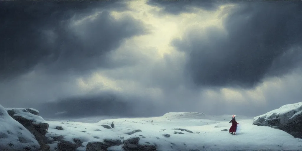 Image similar to a princess, slain giant monster, snowy tundra, storm clouds, dramatic lighting, hudson river school