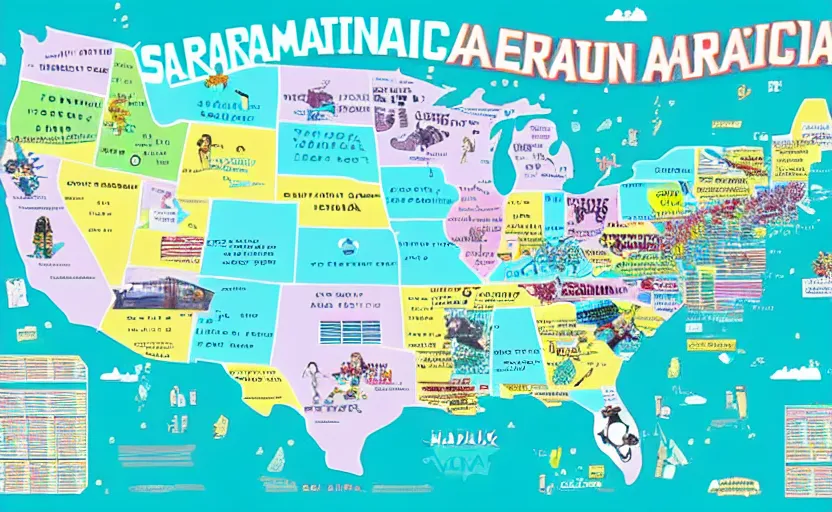 Prompt: hatsune miku across america map, map key, tourist map, brochure