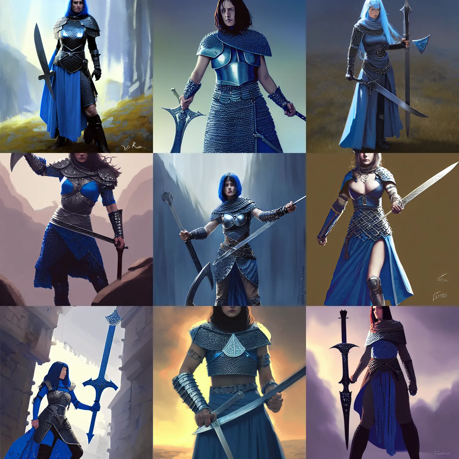 Prompt: woman dressed chain mail, blue surcoat, female, strong, middle age, fantasy, digital art, awar winning, hand on the sword, with shield down by loles romero, greg rutkowski, ilya kuvshinov