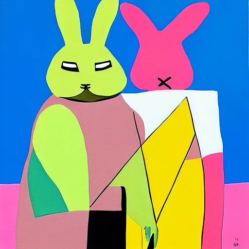 Prompt: a painting of a man and a rabbit holding hands, a cubist painting by michael deforge, featured on pixiv, furry art, modern european ink painting, suprematism, mixed media, anime aesthetic, matte drawing, genderless