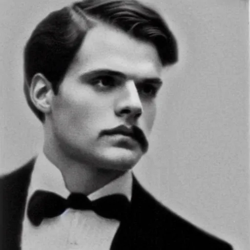 Image similar to headshot edwardian photograph of sebastian stan, henry cavill, small moustache, 1 9 2 0 s film actor, suave, charming, realistic face, 1 9 1 0 s photography, 1 9 0 0 s, grainy, victorian, soft blur